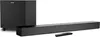 A black soundbar and subwoofer set with a remote control, displayed on a white background. Produktbild-Vorschau