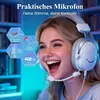 A young woman wearing a white gaming headset with a smiling face design on the earcups, looking excited. The background is a blurred room with bookshelves and blue lighting. There are hexagonal overlays on the left side of the image detailing the headset's Produktbild-Vorschau
