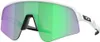 A pair of white Oakley Sutro Lite Sweep sunglasses with green and purple mirrored lenses, shown from a side-diagonal angle. Náhled obrázku produktu