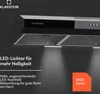A kitchen range hood with LED lights is shown with German text highlighting its features and a temperature rating. Podgląd zdjęcia produktu