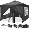 A black pop-up gazebo with four side walls, shown in an open state, with its folded frame and carrying bag displayed in the foreground. Below are smaller images showing different configurations of the gazebo. Produktbild-Vorschau