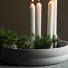 A close-up of a round, light gray candle holder with four white candles and green foliage arranged inside. Produktbild-Vorschau
