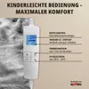 A close-up of a white electric blanket controller with a digital display and buttons, next to a plush gray blanket. Text overlays describe the product's features. Produktbild-Vorschau