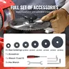 A close-up view of saw accessories and tools, with a person's gloved hand in the background. Voir les images du produit