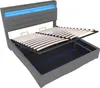 A bed frame with its mattress support slats lifted to reveal storage space underneath. Blue LED lights are visible in the headboard. Náhľad obrázku produktu