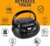 A Retekess TR630 boombox is shown with various features highlighted by icons and text. Produktbild-Vorschau