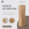 A marketing image for a tall cabinet, showcasing its design and features with text and close-up views. Produktbild-Vorschau