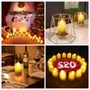Collage of four scenes featuring LED candles in various settings: Christmas decoration, decorative holders, table setting with wine, and a romantic arrangement. Produktbild-Vorschau