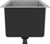 A close-up, front view of a stainless steel sink with a black textured panel on the side, and a drain pipe visible underneath. Produktbild-Vorschau