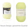 Two balls of yellow yarn are shown side-by-side against a white and light gray background. The image also includes text and branding. Produktbild-Vorschau