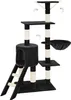 A black and cream cat tree with multiple levels, a hammock, a hideaway, and toys, presented against a white background. Náhled obrázku produktu