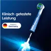 A close-up, x-ray-like view of an electric toothbrush head and its connection to the handle, set against a dark blue background with light effects. Produktbild-Vorschau