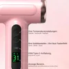 Close-up of a pink hairdryer with a digital display and control buttons, showing feature descriptions. Produktbild-Vorschau