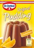 A package of Dr. Oetker Original Pudding Schokolade with an image of the prepared pudding and orange slices. Produktbild-Vorschau