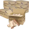 Several cardboard boxes labeled "BRENNHOLZ Eiche" (firewood oak) are stacked, with one box open showing firewood logs. Some logs are also scattered in front of the boxes. Produktbild-Vorschau