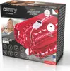 The image shows the packaging of a red and white patterned electric heated throw blanket with a woman in the background. Podgląd zdjęcia produktu