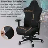 A black gaming chair cover is shown with measurements and dimensions overlaid on the image. Produktbild-Vorschau