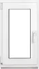 A white PVC window frame with a clear glass pane, shown from the front. Produktbild-Vorschau
