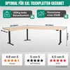 An L-shaped adjustable height desk frame in black with a light wood desktop, featuring dimensions and customer review ratings. Náhľad obrázku produktu