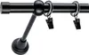 A black curtain rod with rings and clips, mounted on a white background. Podgląd zdjęcia produktu