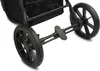 Close-up view of the rear wheels and brake mechanism of a black stroller. Voir les images du produit