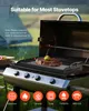 A grill plate with a steak on it, placed on a grill with a tent in the background. Produktbild-Vorschau