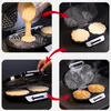 A four-panel collage showing the steps of making waffles using a waffle maker. Produktbild-Vorschau