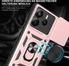Close-up of a phone case with a ring holder and a sliding camera cover, shown attached to a car vent mount. Produktbild-Vorschau