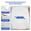 A white fitted sheet is shown on a mattress, with close-up images and text highlighting its features. Podgląd zdjęcia produktu