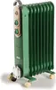 A green oil-filled radiator with beige and silver accents, standing on a white background. It has wheels for mobility. Náhled obrázku produktu