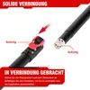 Close-up view of two connecting parts of a telescopic pole, with text overlays and arrows indicating how they connect. Produktbild-Vorschau