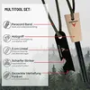 A survival multitool set with various features labeled. Produktbild-Vorschau