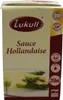 A box of Lukull Sauce Hollandaise with an image of the sauce served with asparagus. Produktbild-Vorschau