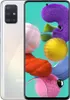 A white Samsung Galaxy A51 smartphone is shown from the back and front, with the screen displaying a colorful abstract image. Produktbild-Vorschau