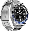 A close-up, angled view of a smartwatch with a metal band and a black face with blue accents on the bezel. Voir les images du produit