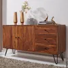 A wooden sideboard with two doors and three drawers, decorated with vases and figurines on top. Náhled obrázku produktu