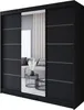 A black sliding door wardrobe with a mirrored center panel, reflecting a living room scene with a sofa and coffee tables. Produktbild-Vorschau