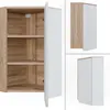 A collage of images showing a corner wall cabinet with a wood-grain exterior and a white door. Podgląd zdjęcia produktu