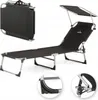 A black foldable sun lounger with a canopy, shown both folded and unfolded, with close-up details of its construction. Náhľad obrázku produktu