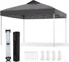 A gray pop-up canopy tent is shown fully assembled, with its folded frame, carrying bag, stakes, and ropes displayed separately. Náhled obrázku produktu