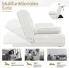 A collage showing a white multifunctional sofa in various configurations and people using it for different activities. Produktbild-Vorschau