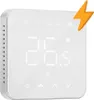 A white smart thermostat with a digital display showing the temperature and various icons. Produktbild-Vorschau