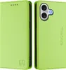 A green flip wallet phone case for an iPhone is shown from the front and back. Produktbild-Vorschau