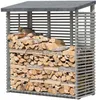 A wooden firewood storage rack filled with logs, with a gray roof. Produktbild-Vorschau