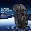 A black gaming mouse with a unique skeletal design is shown against a dark blue background with abstract wavy patterns and ripples. Produktbild-Vorschau