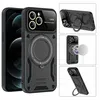A collage of images showcasing a black iPhone case with a magnetic ring holder and stand, compatible with Magsafe. The case is shown from different angles, including with a magnetic charger and with the ring stand deployed. Produktbild-Vorschau