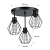 A black, three-light ceiling fixture with geometric metal cages around the bulbs, shown against a white background with dimensions indicated. Produktbild-Vorschau
