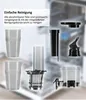 A collection of disassembled parts of a juicer, with a text overlay describing easy cleaning. Produktbild-Vorschau