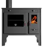 A dark gray wood-burning stove with a glass door on the left and a smaller glass door on the right showing flames. Náhled obrázku produktu