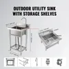 Collage of images showing an outdoor utility sink with dimensions and various components. Produktbild-Vorschau